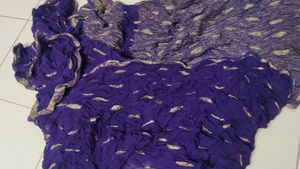 Purple &amp; Gold Detailing Saree Dupatta Scarf 5.5Mtr