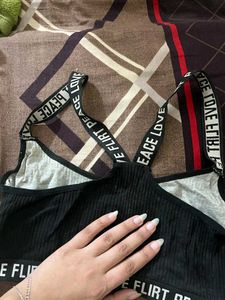 Trendy Black Ribbed Bra with Statement Straps