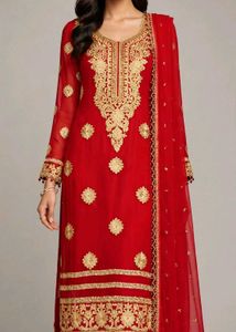 *Red Heavy Embroidered Bridal Suit with Inner-4 Pi