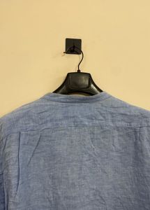 Men's Blue Linen Band Collar Shirt