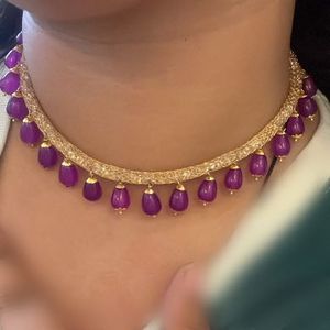 Gold Tone Necklace with Purple Beads