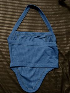 Blue Halter Neck Knit Top