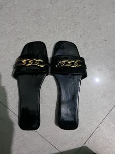 Stylish Black Chain Detail Slide Sandals