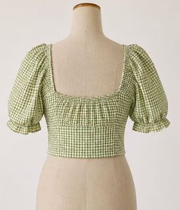 Chic Green Gingham Puff Sleeve Crop Top