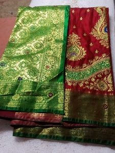 Heavy work Red & Green Banarasi Silk Saree