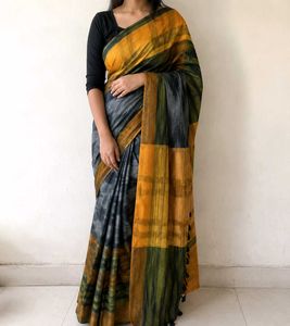 Stunning Grey & Yellow Checkered Saree