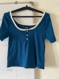 round neck teal blue lase embllised cotton top
