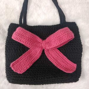 Handmade Black Crochet Tote Bag with Pink Bow❤️