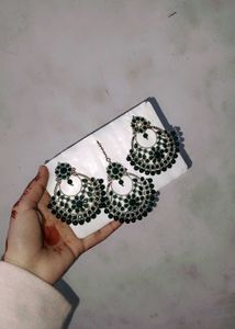 Elegant Green Stone Earrings & Maang Tikka