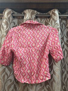Pink Printed Puff Sleeve Collared Top