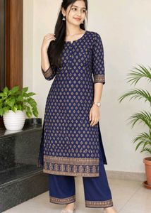 Elegant Navy Blue Kurta Set with Golden Print