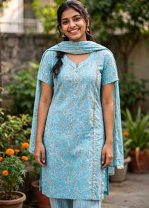 Blue Floral Print Kurta Set