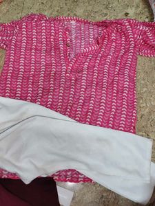 Pink Printed Kurta with White Pants