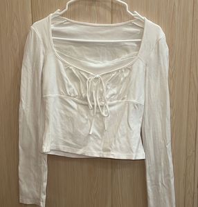 White Long Sleeve Lace Trim Tie-Front Top