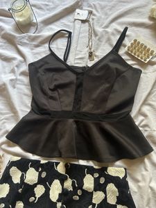 Chic Black Peplum Top &amp; Printed Skirt Set