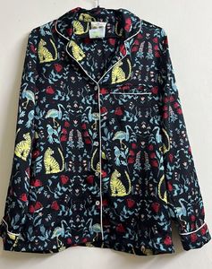 Whimsical Cat &amp; Crane Print Pajama Top