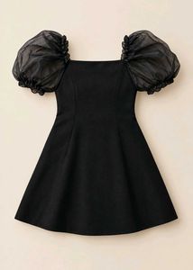 BLACK PUFF SLEEVE FLARED MINI DRESS