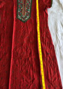 Red Printed Kurta with Embroidered Neck
