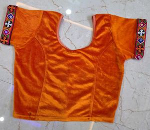 Orange Velvet Blouse with Embroidered Sleeves