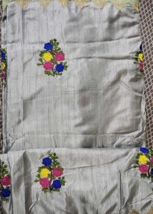Embroidered Grey &amp; Teal Saree