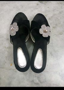 Black Flower Wedges Heels Good Condition