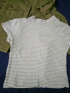 Stylish Green Denim Jacket &amp; Striped Top