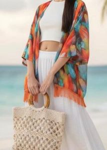 Boho Feather Print Kimono Cover-Up