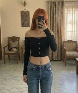 Black Off-Shoulder Button-Up Crop Top
