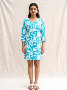 Blue Floral Print A-Line Dress