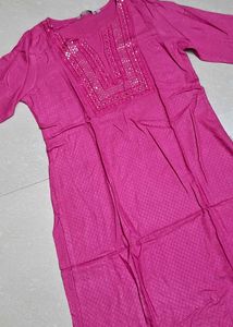 Vibrant Pink Kurta with Embellished Neckline