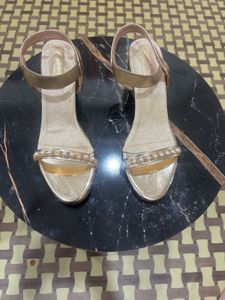 Elegant Gold Block Heels with Pearl Embellishments