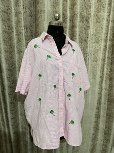2XL imported  Pink Gingham Palm Tree Shirt