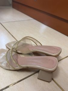 Stylish Nude Block Heels with Rhinestones