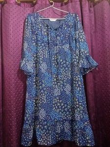Georgett Blue Flower Printed Frill Frock Style