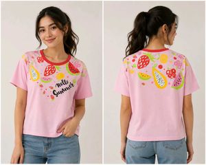 Pink Fruit Print "Hello Summer" T-Shirt