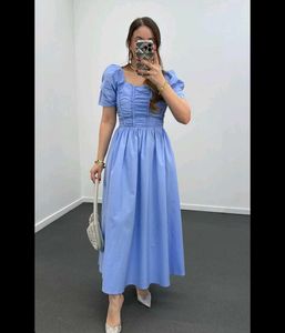 Sky Blue Puff Sleeve Midi Dress With pocket