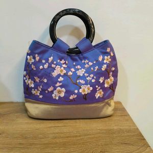 Embroidered Silk Handbag with Bamboo Handle