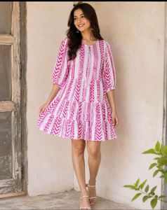 Chic Pink & White Printed Tiered Dress