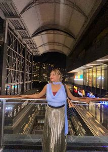 blue cowl neck top