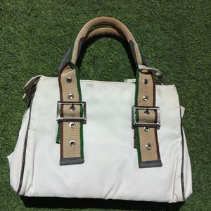 White &amp; Green Satchel Bag
