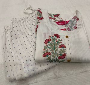 White Floral Print Kurta set
