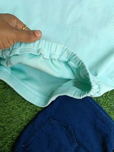 Cute Mint Ruffle Sleeve Top &amp; Denim Shorts Set
