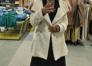Cream Fuzzy Coat with Fur Trim