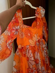 Orange Floral Puff Sleeve Midi Dress