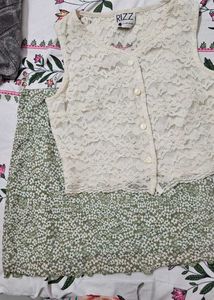 Floral meshed Mini Skirt and lace vest set