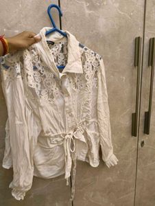 White Lace Detail Button-Down Top