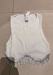 White Ribbed Crop Top with Rhinestone Fringe