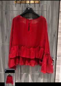 Red Peplum Blouse with Flared Sleeves