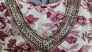 Floral Print Kurta with Embellished Neckline