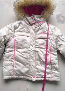 Girls' White Puffer Jacket with Pink Trim